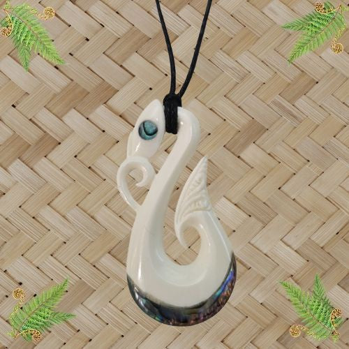 Bone Manaia Hook Pendant with Paua - 45mm