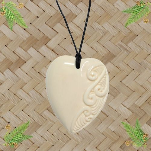 Bone Heart Half Carved Pendant - 40mm