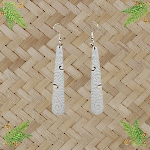 Bone Carved Earrings - Drop Koru Pattern - 70mm
