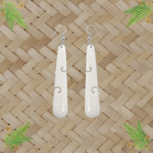 Bone Earrings - Drop with Carved Koru - 67mm