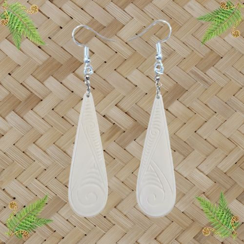 Bone Teardrop Earrings with Carved Koru - 60mm