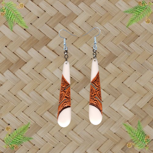 Bone Carved Earrings - Drop with Staining - 55mm