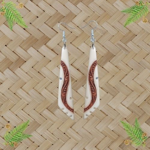Bone Carved Earrings - Drop Triangle with Staining - 55mm