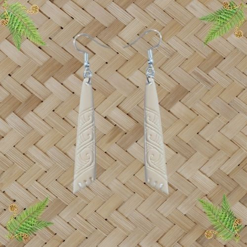 Bone Carved Earrings - Drop Triangle Engraved - 55mm