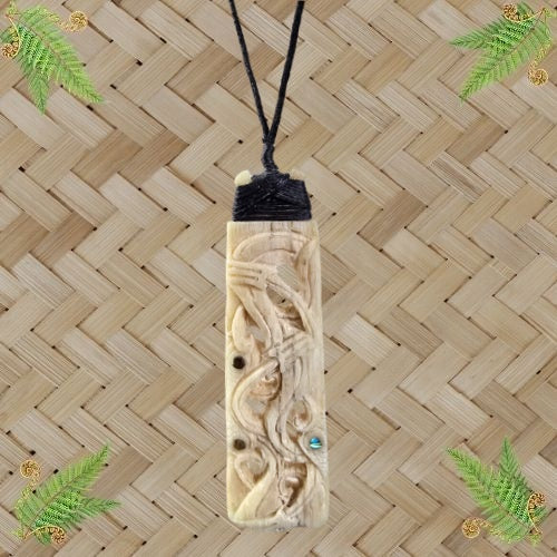 Whale Bone Toki Manaia with Paua Pendant - 80mm