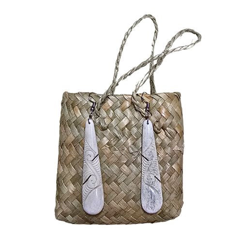 Whale Bone Engraved Drop Earrings with Koru - 70mm