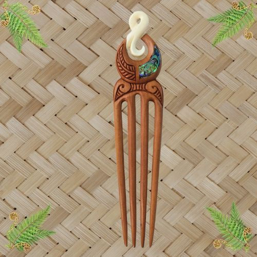 Wood Bone Twist Engraved Heru with Paua - 163mm