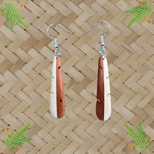Bone & Wood Drop with Koru Earrings - 57mm