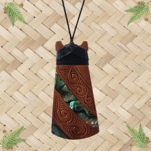 Wood & Paua Toki with Koru Pendant - 80mm