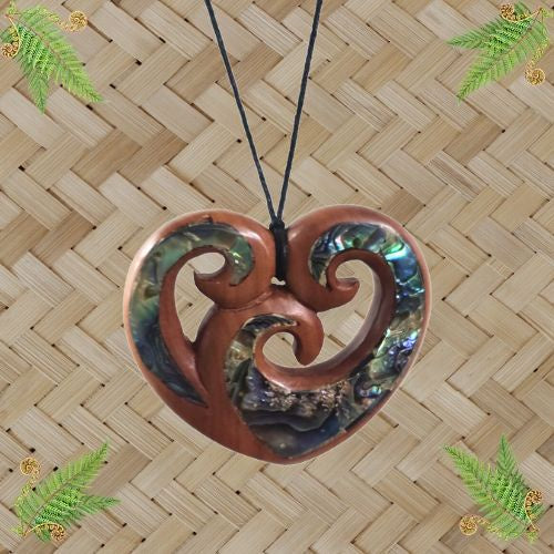 Wood & Paua Heart Triple Koru Pendant - 55mm