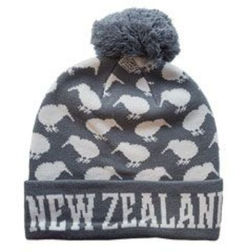 NZ Kiwi Knit Beanie with PomPom - Grey & White
