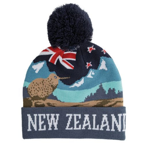 NZ Kiwi Flag Knit Beanie with PomPom