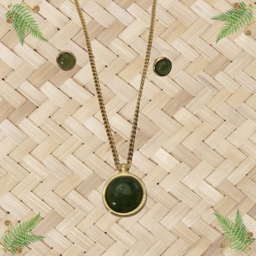 Jade Round Pendant & Earrings Set - Gold