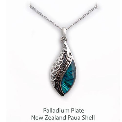 Paua & Palladium Filigree Spiral Leaf Pendant