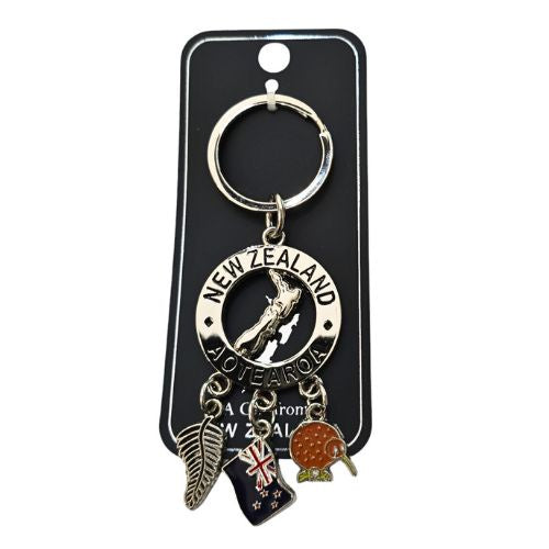 NZ Aotearoa with Fern, Flag, Kiwi Metal Keyring