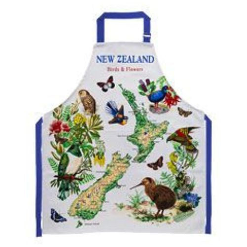 NZ Map, Birds & Flowers Apron - Blue