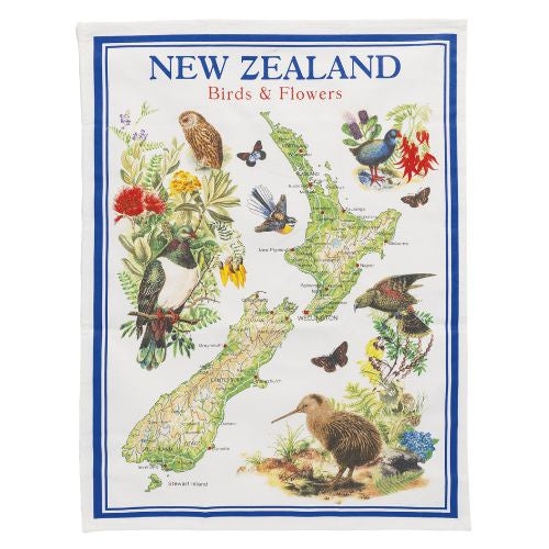 NZ Map, Birds & Flowers Tea Towel - Blue