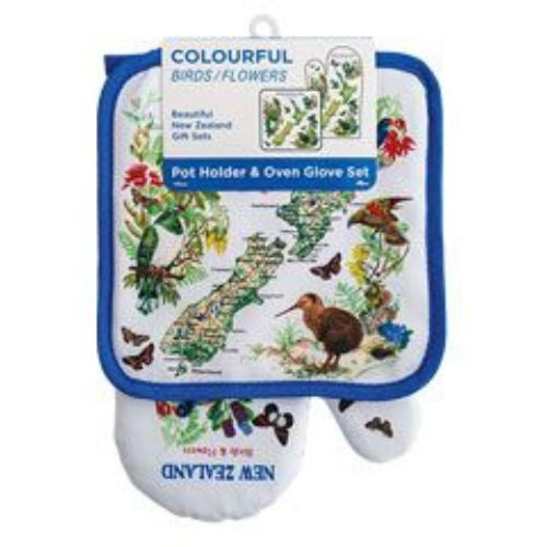 NZ Map, Birds & Flowers Pot Holder & Oven Glove Set - Blue
