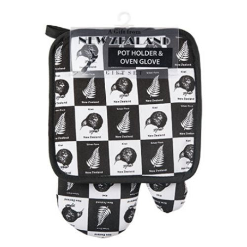 Kiwi & Ferns Grid Pot Holder & Oven Mitt Set