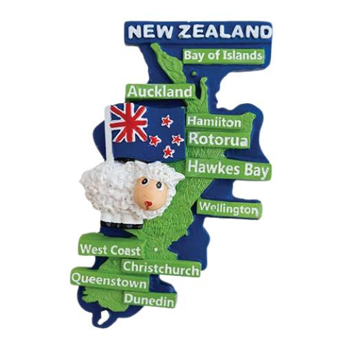 NZ Map, Sheep & Flag Resin Magnet