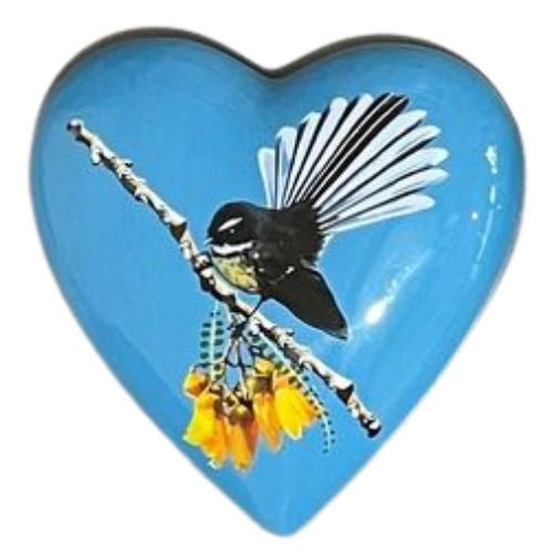 Native Bird Ceramic Heart - Fantail on Kowhai