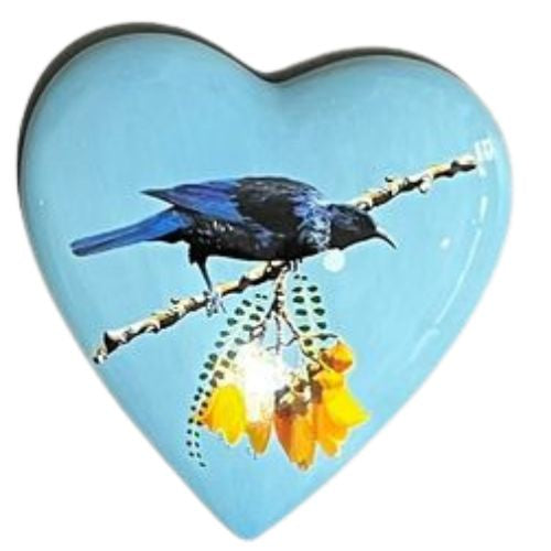 Native Bird Ceramic Heart - Tui on Kowhai