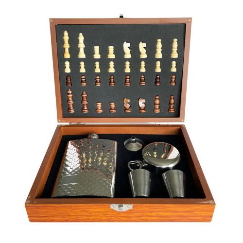 Silver Hip Flask and Chess Set