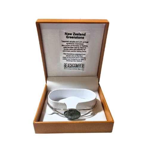 NZ Greenstone Oval Bangle - Silver