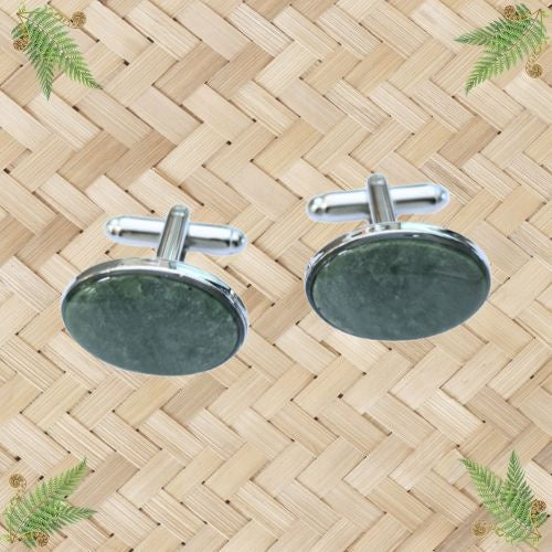 NZ Greenstone Cufflinks Oval Silver Plated