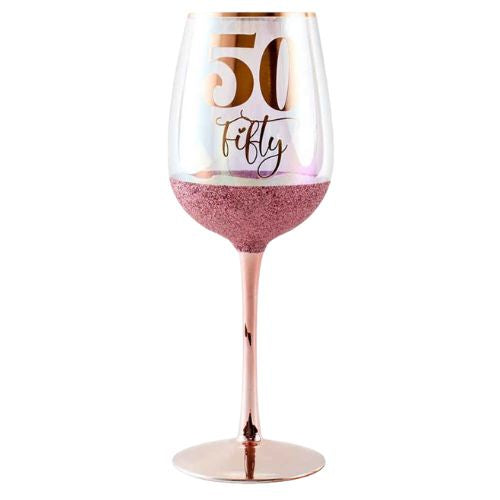 Wine Glass - 50th - Rose Gold with Glitterati Stem