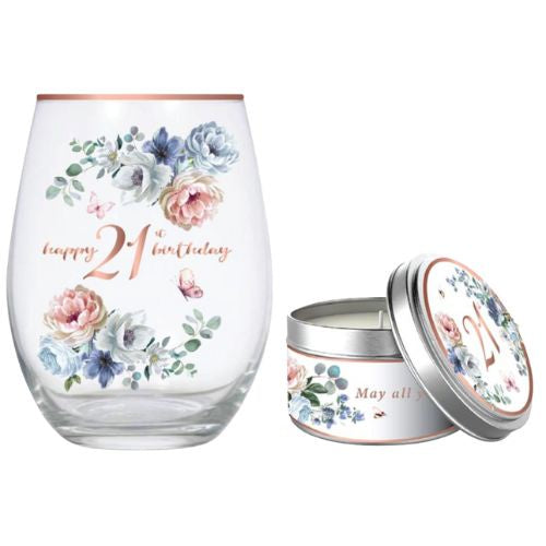 Dancing Roses Stemless Wine Glass 520ml & Vanilla Candle Gift Set - 21st