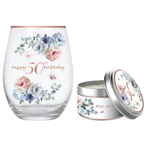 Dancing Roses Stemless Wine Glass 520ml & Vanilla Candle Gift Set - 50th