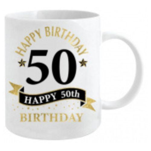 Happy Birthday White & Gold Mug - 50th