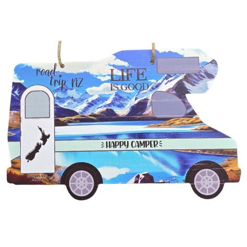 Happy Camper Motor Home Plaque with Mountains - Blue