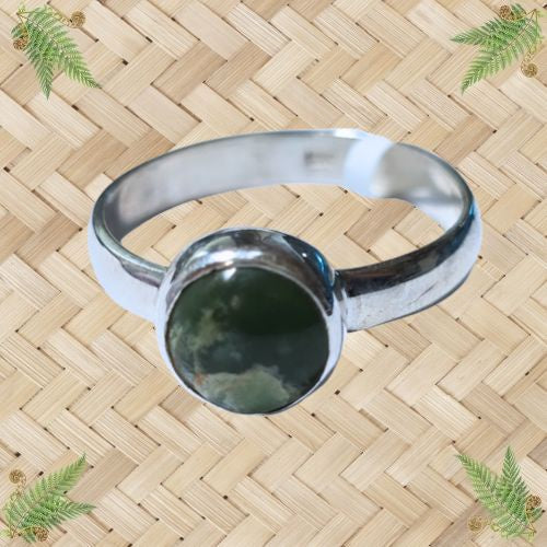 NZ Greenstone and Silver Round 8mm Ring - Large