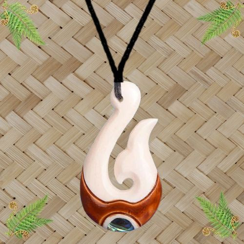 Bone Hook with Paua and Stain Pendant - 54mm