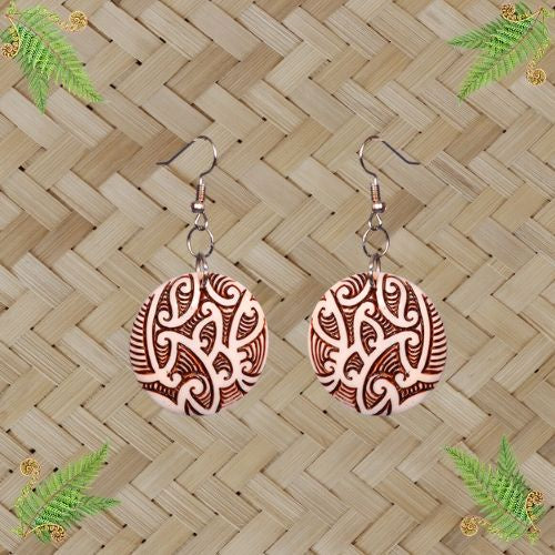 Bone Maori Pattern Stained Circle Earrings - 30mm