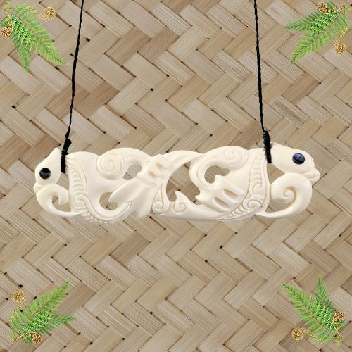 Double Manaia Bone Breastplate with Paua - 143mm