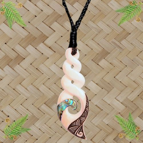 Bone Quad Twist Pendant with Paua & Black Markings - 87mm