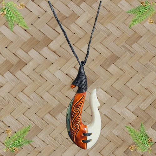 Bone Hook Engraved Stained, Paua & Binding Pendant - 95mm