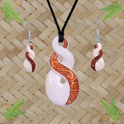 Double Twist Stained Bone Pendant & Earrings Set