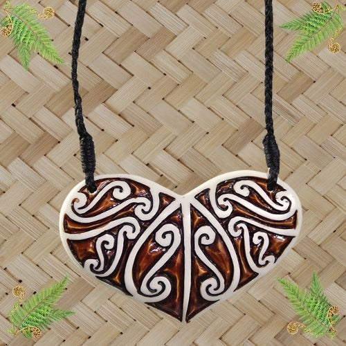 Bone Heart Maori Pattern Pendant with Stain - 50mm