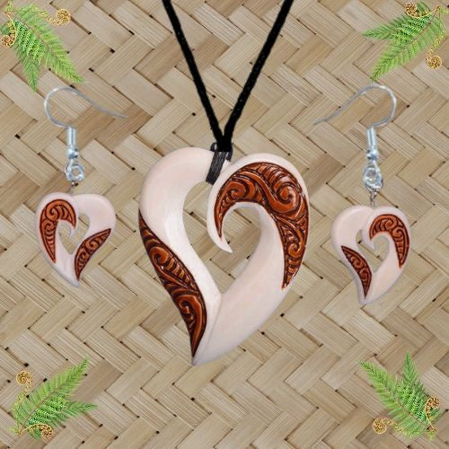 Bone Heart Stained Pendant & Earrings Set