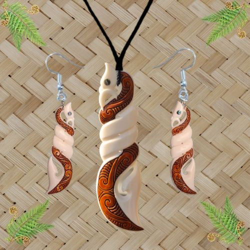 Manaia Twist Bone Pendant & Earrings Set with Stain