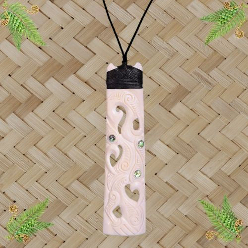 Bone Toki Triple Manaia with Paua Pendant - 133mm