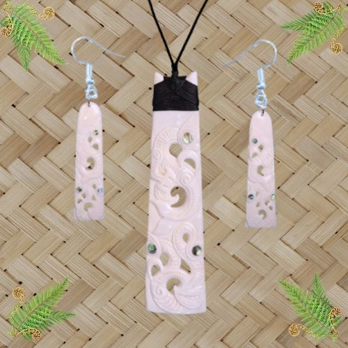 Bone Toki Triple Manaia with Paua Pendant & Earring Set