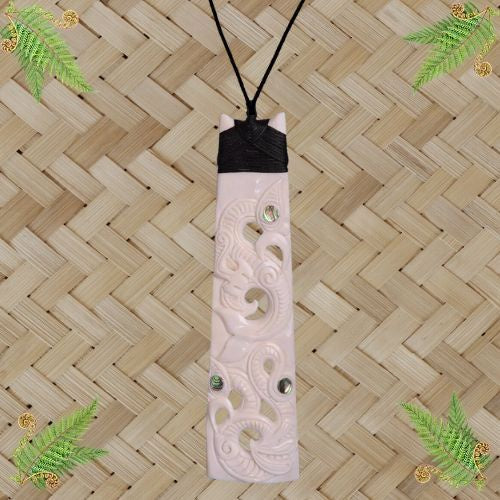 Bone Toki Triple Manaia with Paua Pendant - 138mm