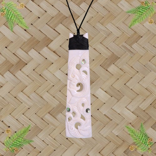 Bone Toki Triple Manaia with Paua Pendant - 138mm