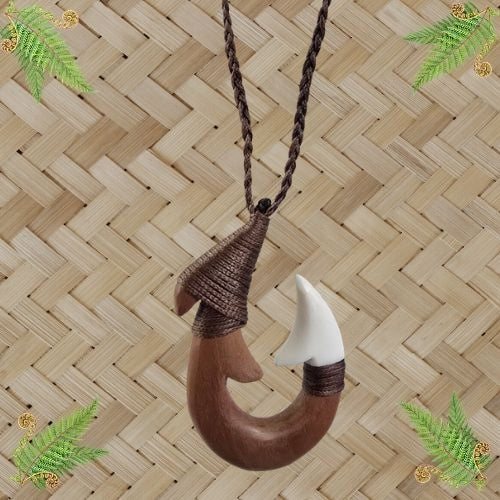 Bone and Wood Bound Hook Pendant - 55mm