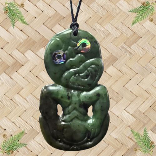 NZ Greenstone Tiki with Paua Eyes Pendant - 105mm
